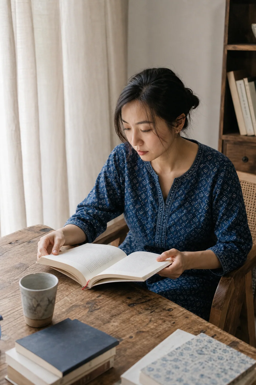 中国女性穿靛青小印花印度风长上衣，在木桌旁阅读