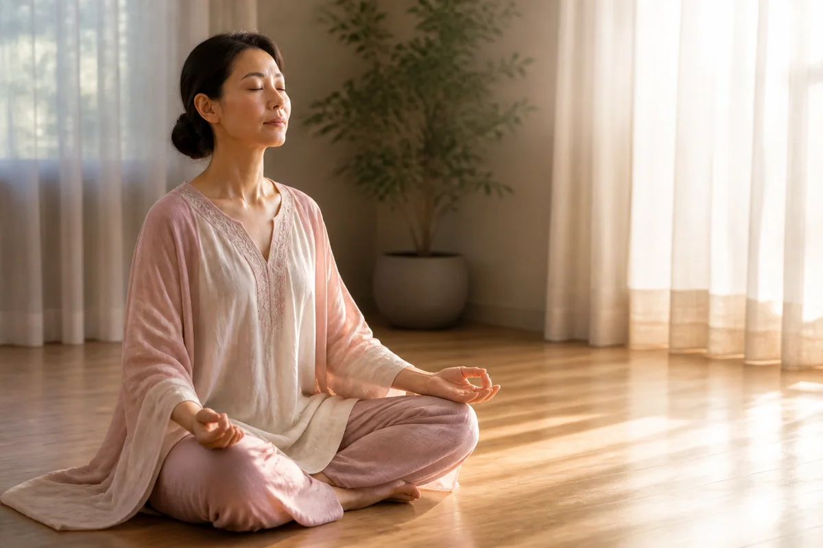 中国女性穿烟粉米白宽松印度风服装，在晨光中盘坐冥想