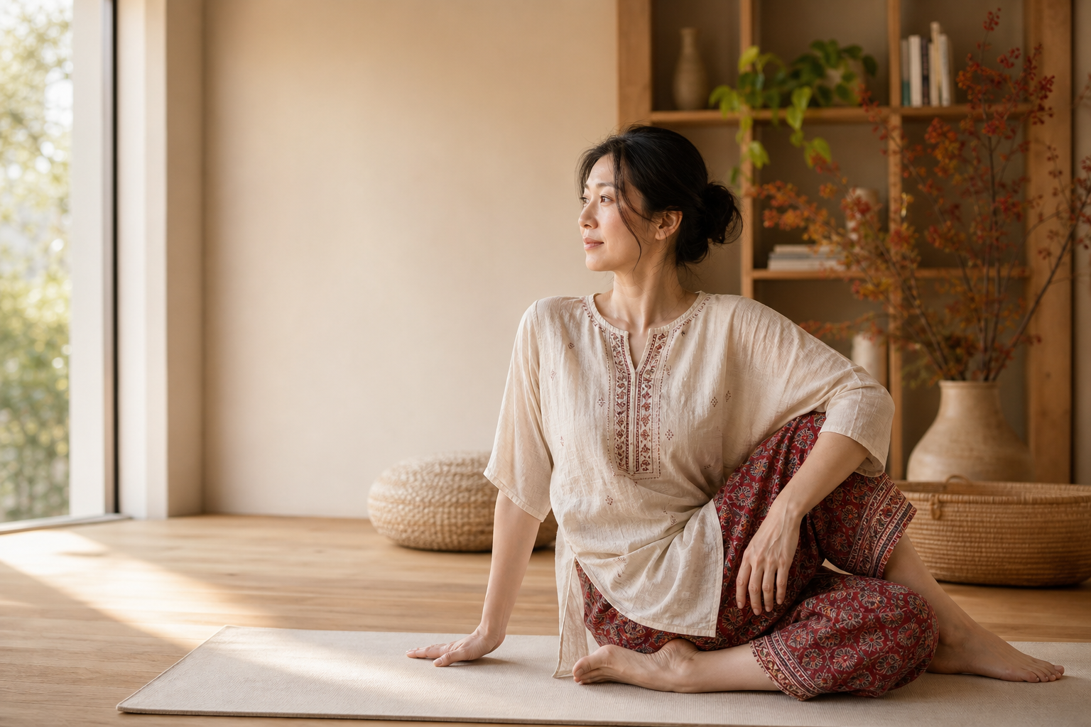 中国女性穿宽松印度风服装,在自然光下静坐舒展
